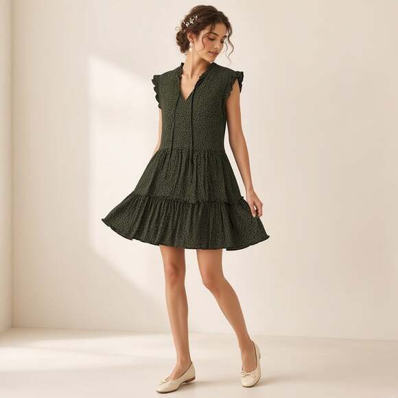 Sundry Dresses & Skirts - Sundry Olive Ditsy Floral Tiered Ruffle Mini Size S Cottagecore Wedding Guest